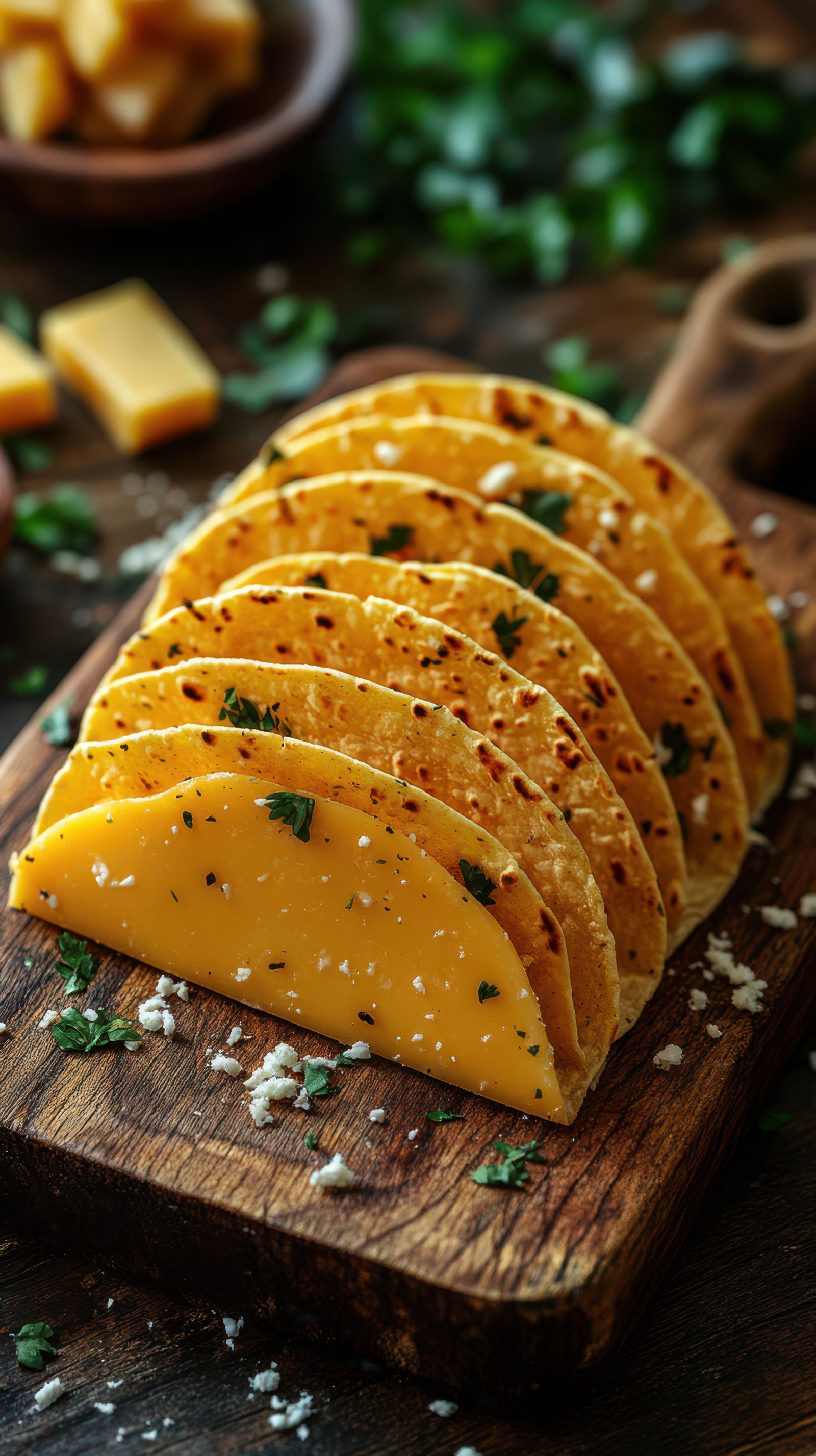 Deliciously prepared cheese tacos served on a rustic wooden board with fresh herbs and spices